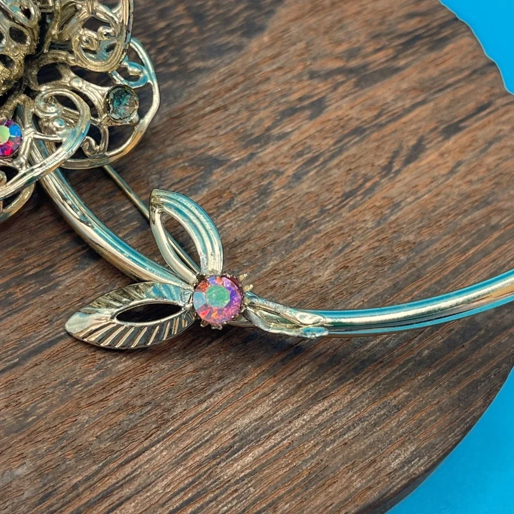 Vintage Sarah Coventry Flower Brooch Gold Aurora Borealis Rhinestone Filigree